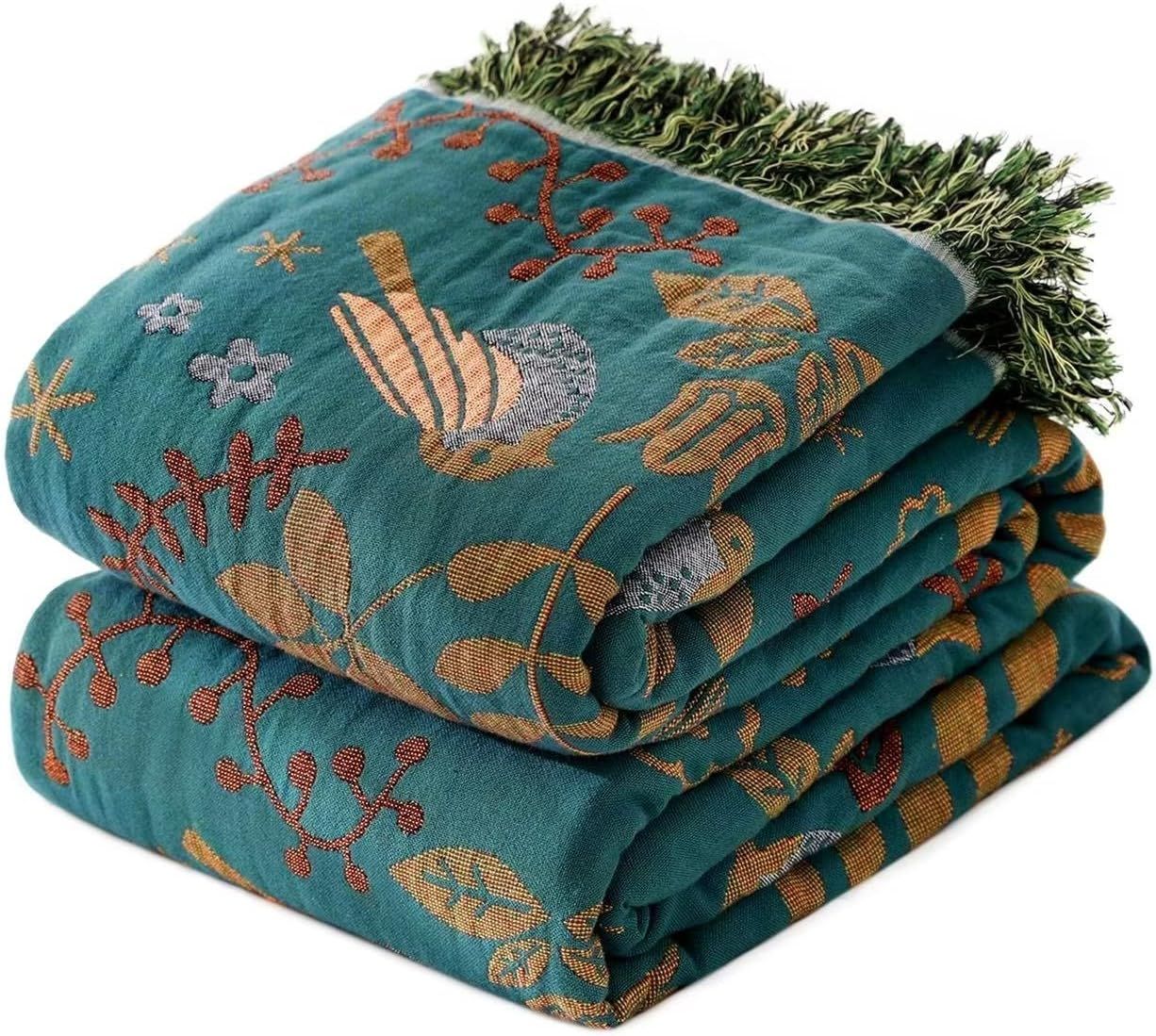 Boho Throw Blanket for Bed - 100% Cotton Ultra Soft Rustic Quilt - Summer Blanket Bird Floral Pri... | Amazon (US)