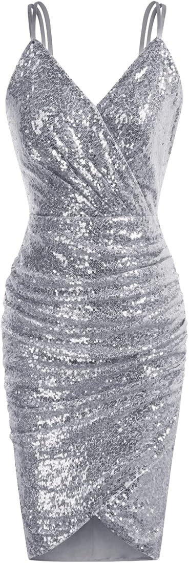 GRACE KARIN Women's Sexy Sequin Sparkly Glitter Ruched Party Club Dress Spaghetti Straps Wrap V-N... | Amazon (US)