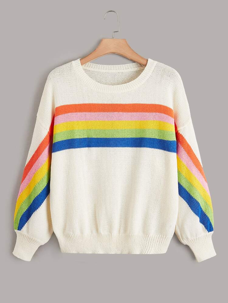 Plus Rainbow Striped Pattern Drop Shoulder Sweater | SHEIN