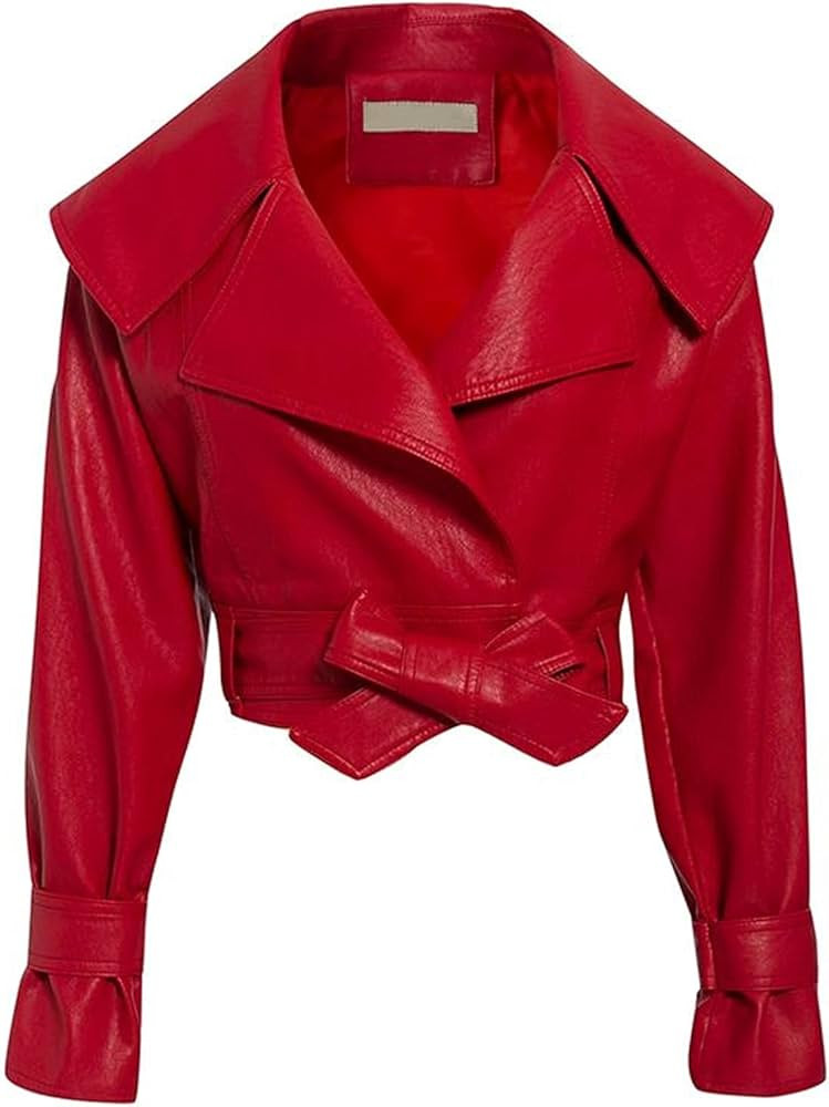 Faux Leather Women Jacket Coat V-Neck Bow Tie Motorcycle Ladies Outwear Coat Bandage High Street ... | Amazon (US)