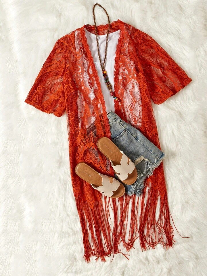 SHEIN VCAY Fringe Hem Lace Kimono Without Cami Top | SHEIN