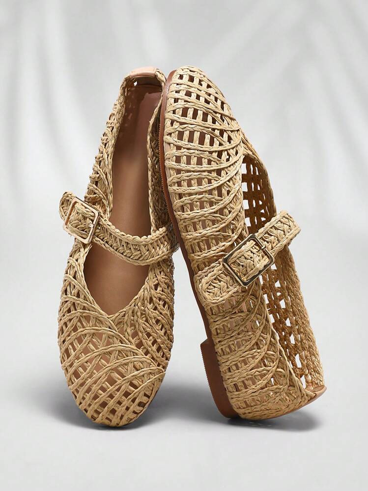 SHUZIA Ladies Crochet Raffia Mary Jane Ballet Flat | SHEIN