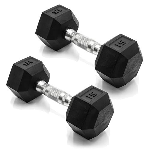 CAP Barbell 15 LB Rubber Coated Hex Dumbbell Hand Weight - Pair | Chrome Handle | Amazon (US)