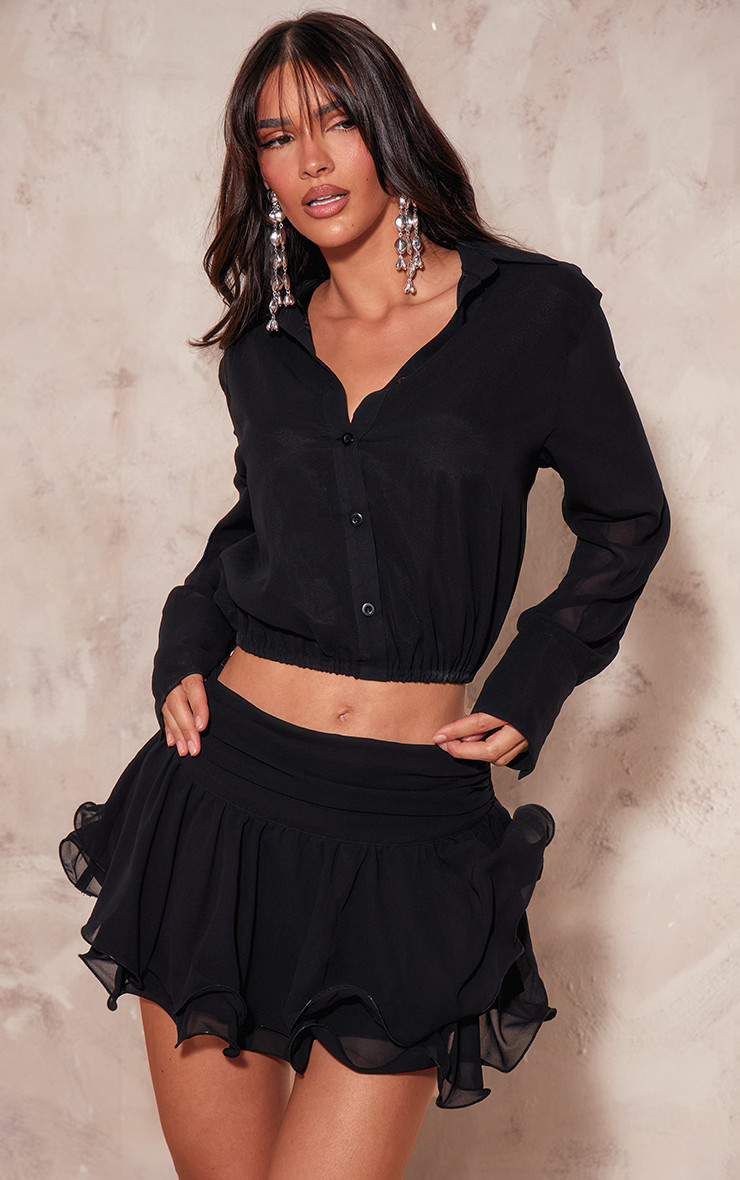 Black Chiffon Elastic Waist Long Sleeve Shirt | PrettyLittleThing UK