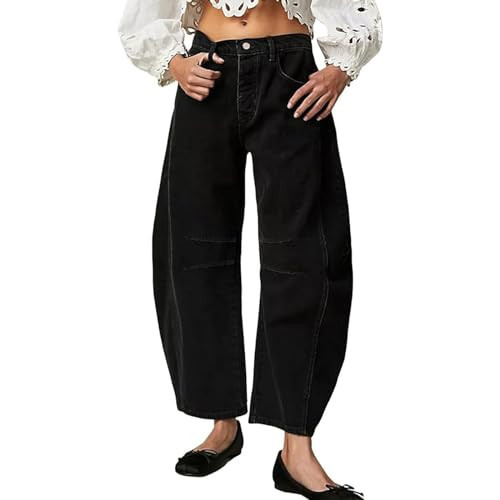 LONGYIDA Baggy Wide Leg Jeans for Women High Waisted Boyfriend Barrel Jeans Y2K Vintage Cropped Denim Ankle Pants(Black,L) | Amazon (US)