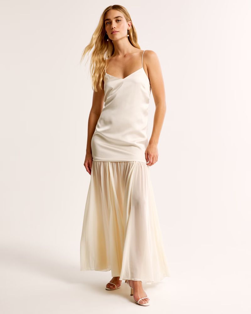 Drop-Waist Mixed Fabric Gown | Abercrombie & Fitch (US)