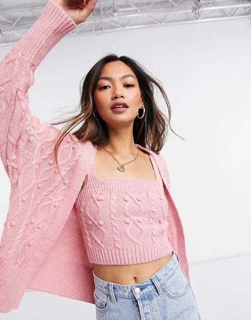 River Island cable knit cardigan and bralet set in pink | ASOS (Global)
