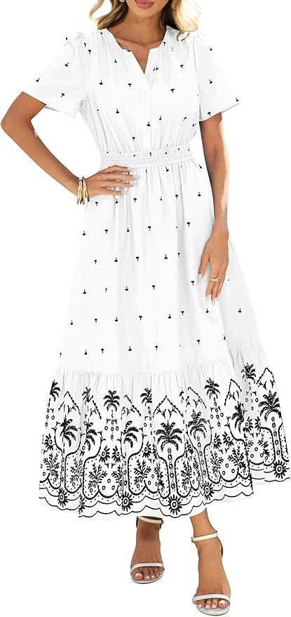 BTFBM Womens Summer Dresses 2026 Casual Short Sleeve Elastic Waist Flowy Beach Vacation Floral Bo... | Amazon (US)