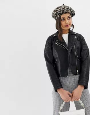 Miss Selfridge biker jacket in black faux leather | ASOS UK