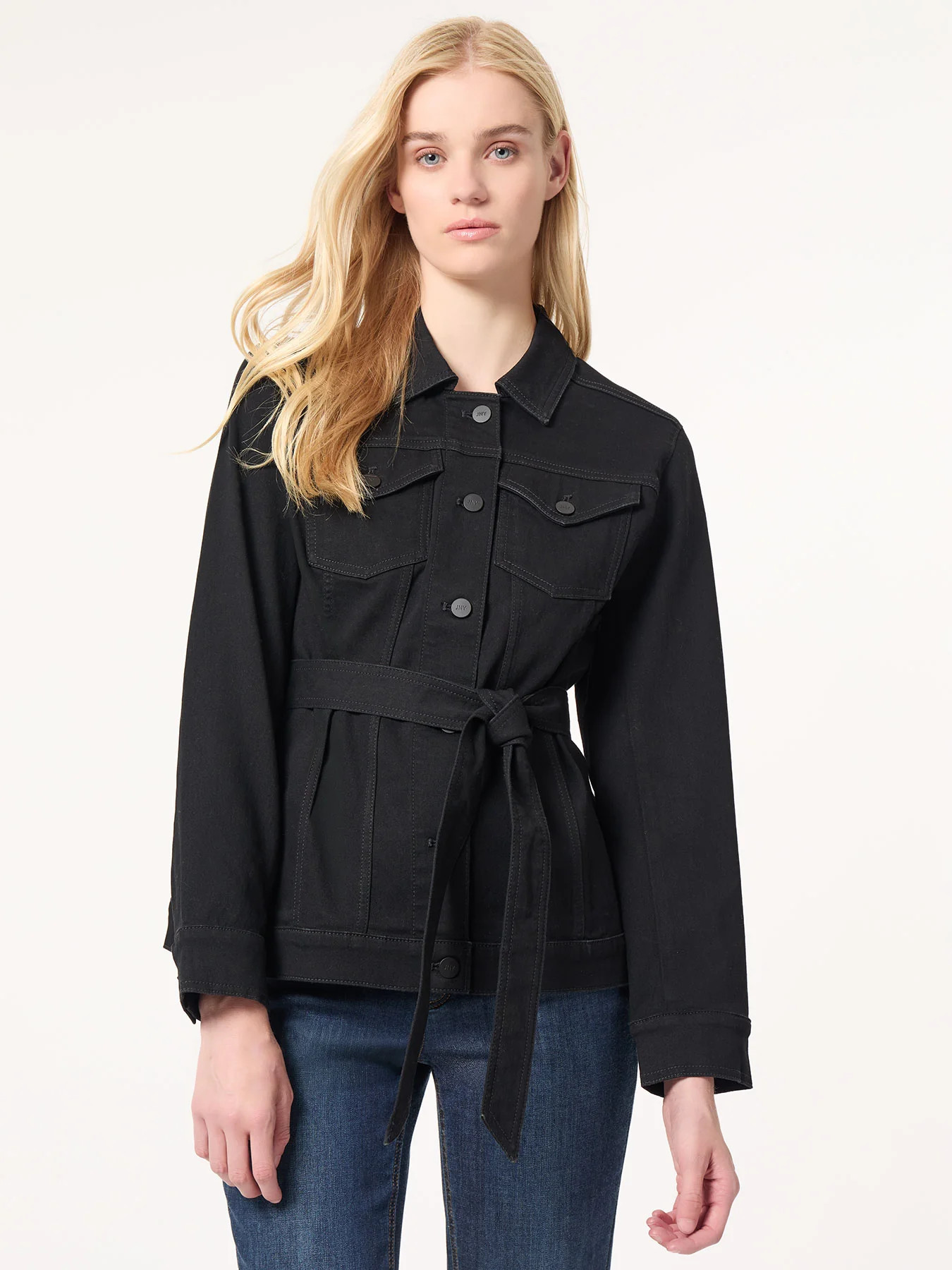 Denim Belted Button-Front Jacket, Onyx Wash | Jones New York