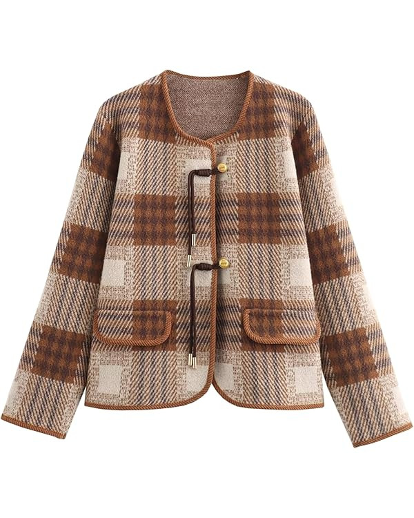 HOULENGS Women's Vintage Plaid Print Long Sleeve Knit Sweater Outwear Button Down Round Neck Card... | Amazon (US)