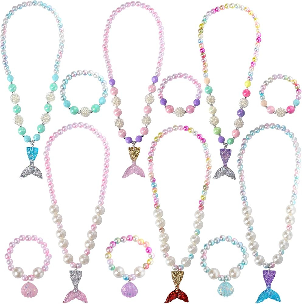 PinkSheep Mermaid Beaded Necklace Bracelets for Kids, Little Girl Mermaid Pearl Jewelry Sets, 6 P... | Amazon (US)