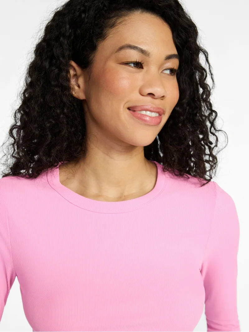 No Boundaries Crew Ribbed Tee with Long Sleeves, Women's XXS-XXL | Walmart (US)