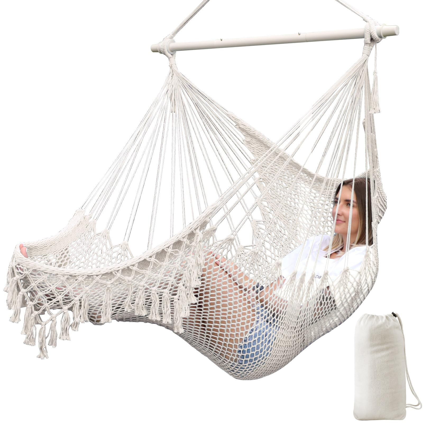 Chihee Hammock Chair Swing, Super Large Hanging Chair Soft-Spun Cotton Rope Weaving Chair, Collapsible Strong Metal Spreader Bar Wide Seat Lace Stretch Chair Indoor Outdoor Garden Yard Theme Decoration | Amazon (US)