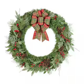 Home Accents Holiday 36 in Prelit Woodmore Wreath With Plaid Bow 21NE50060 - The Home Depot | The Home Depot