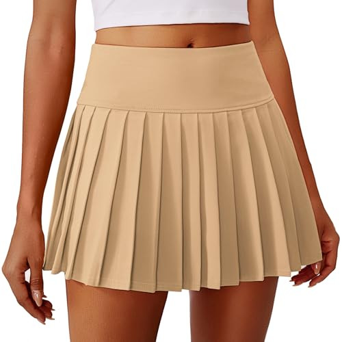 PINSPARK Golf Skirts for Women Pleated Tennis Skirt with Pocket Stretchy Cheer Skirt with Shorts Underneath, Khaki L | Amazon (US)