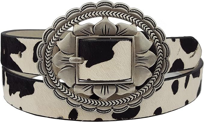 Western Oval Buckle w. genuine cow print hair leather belt | Amazon (US)
