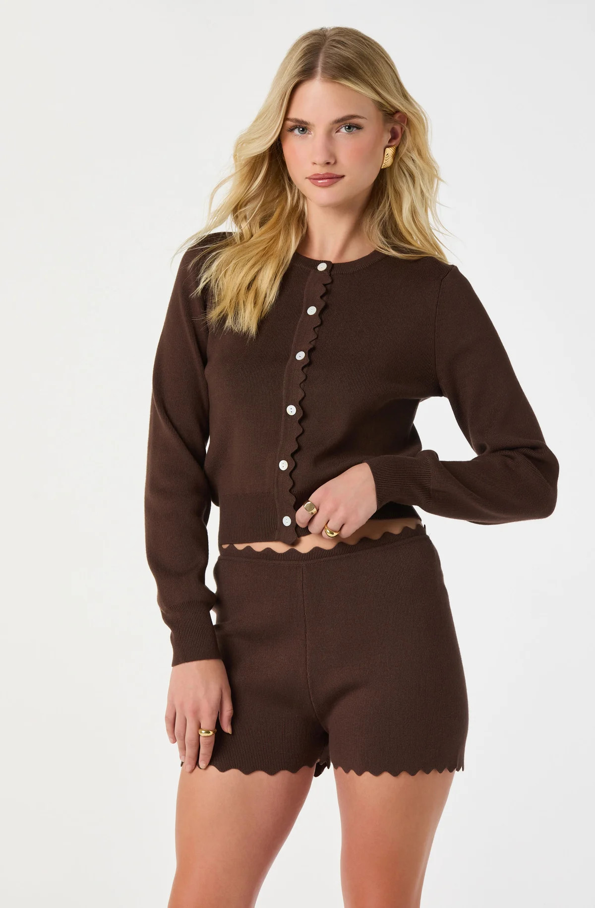 Scalloped Trim Sweater Shorts - Brown / XS | ASTR The Label (US)