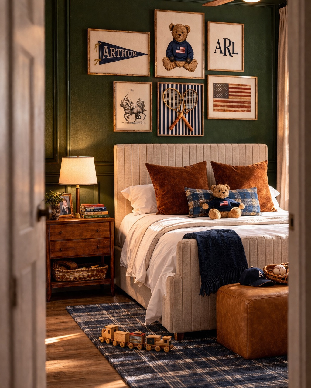 A little boy’s bedroom that feels timeless, cozy, and classic 🤍 I layered rich green walls with warm wood furniture, brass accents, plaid textures, and vintage-inspired decor to create a space that can grow with him for years.

Details like the striped upholstered bed, leather bench, plaid rug, navy throw, and gallery wall with personalized art bring that classic Americana feel while still feeling polished and elevated. I love mixing traditional elements with warm neutrals and tailored textiles to create a bedroom that feels both playful and sophisticated.

Shop the details if you’re designing a boys bedroom, classic kids room, preppy bedroom, or traditional boys room.

Keywords: boys bedroom decor, classic boys bedroom, preppy boys room, traditional kids bedroom, plaid rug, green bedroom walls, upholstered bed, striped headboard, leather bench, wood nightstands, brass lamps, gallery wall ideas, personalized name art, Americana decor, vintage inspired kids room, navy and brown bedroom, cozy boys bedroom design, traditional interior design, modern classic bedroom, timeless kids bedroom style.

#LTKBaby #LTKKids #LTKHome