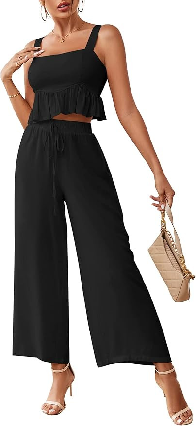 LYANER Women's 2 Piece Outfits Ruffle Trim Sleeveless Backless Crop Top and Drawstring Long Pant | Amazon (US)