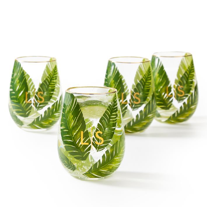 Hand Painted Palm Leaf Stemless Wine Glasses, Set of 4 | Mark and Graham