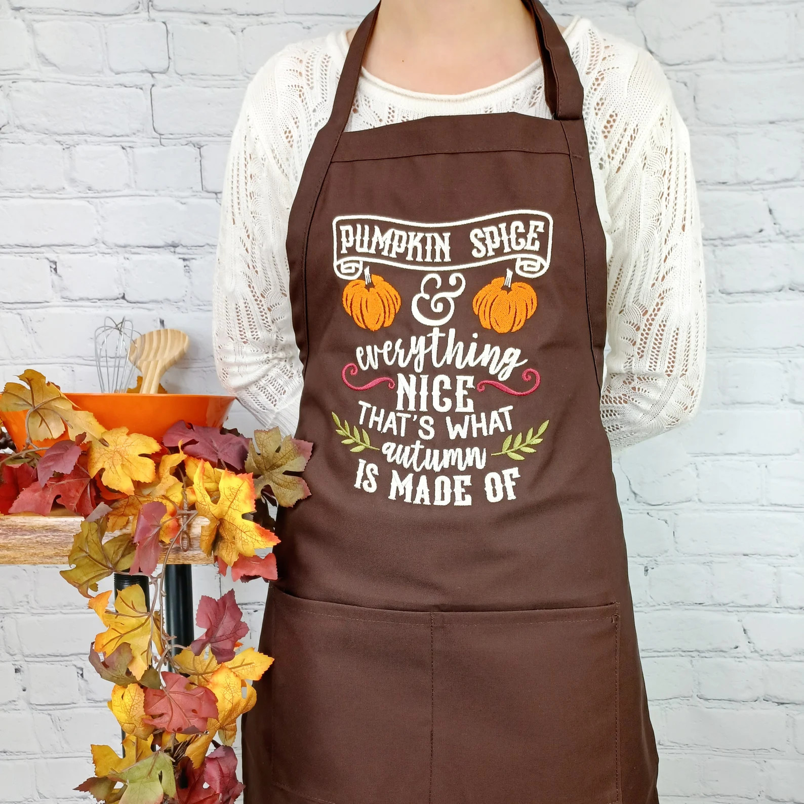 Fall Apron Autumn is Made of Baking Embroidered With Pockets Adjustable Neck Pumpkin Spice Apples... | Etsy (US)