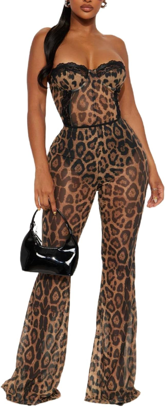 REASERAL Womens Leopard 2 Piece Outfits Lace Sleeveless Tube Top Wide Leg Pants Sexy Club Party S... | Amazon (US)