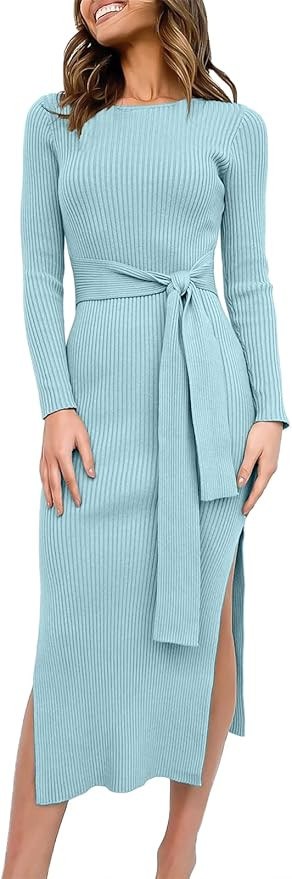 ANRABESS Womens Long Sleeve Sweater Dress Crew Neck Slim Fit Slit Tie Waist 2024 Ribbed Knit Body... | Amazon (US)