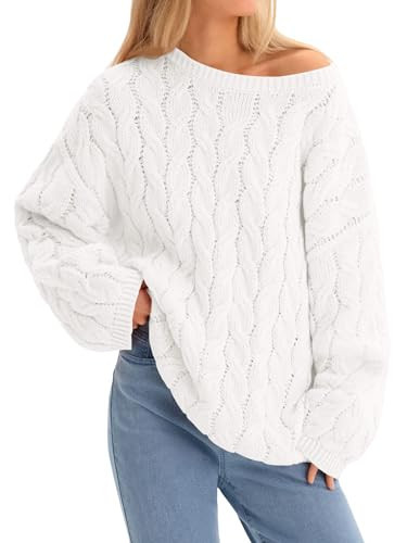 Cicy Bell Womens Oversized Cable Knit Sweaters Long Sleeve Crewneck Chunky Loose Fit Pullover Tops White | Amazon (US)