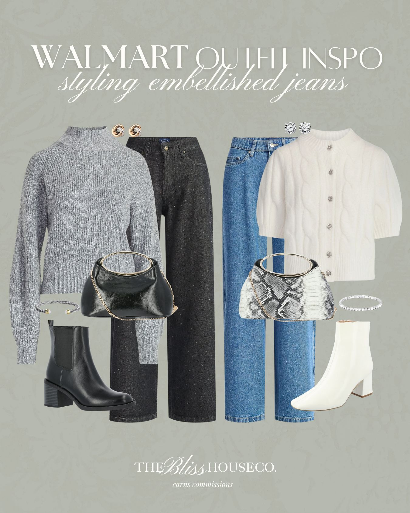 Styling embellished jeans two ways. ✨ Walmart affordable women's fashion, trending styles, look for less, fall fashion, winter fashion, styled outfit, sweater styling, booties, outfit inspo. 

 #LTKFindsUnder50 #LTKStyleTip #LTKItBag