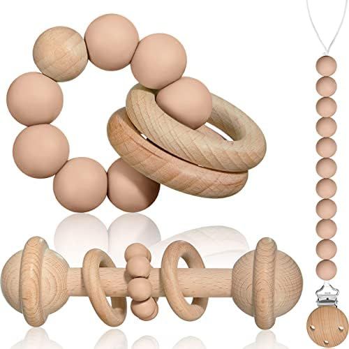 3 Pieces Wooden Baby Toy Silicone Baby Teething Circlets with Pacifier Holder Clip Wooden Baby Rattl | Amazon (US)