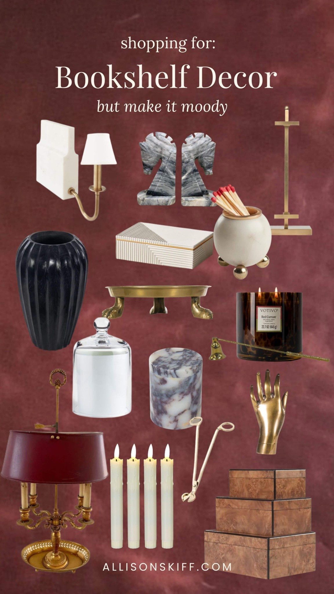 Moody tradition home decor ideas to help you style your bookshelves. I love using different textures like marble, brass, wood and leather, plus a mix of patterns to keep things interesting. 

#homedecor #bookshelfstyling #luxuryliving #interiordesign #marble #brass #wood #bookshelfideas #home #styling #design #moody 

#LTKStyleTip #LTKHome #LTKFindsUnder50