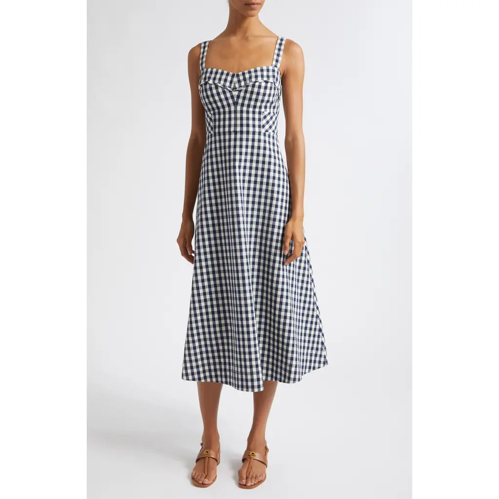 Veronica Beard Aila Gingham Check Midi Dress in Navy Dove at Nordstrom, Size 6 | Nordstrom