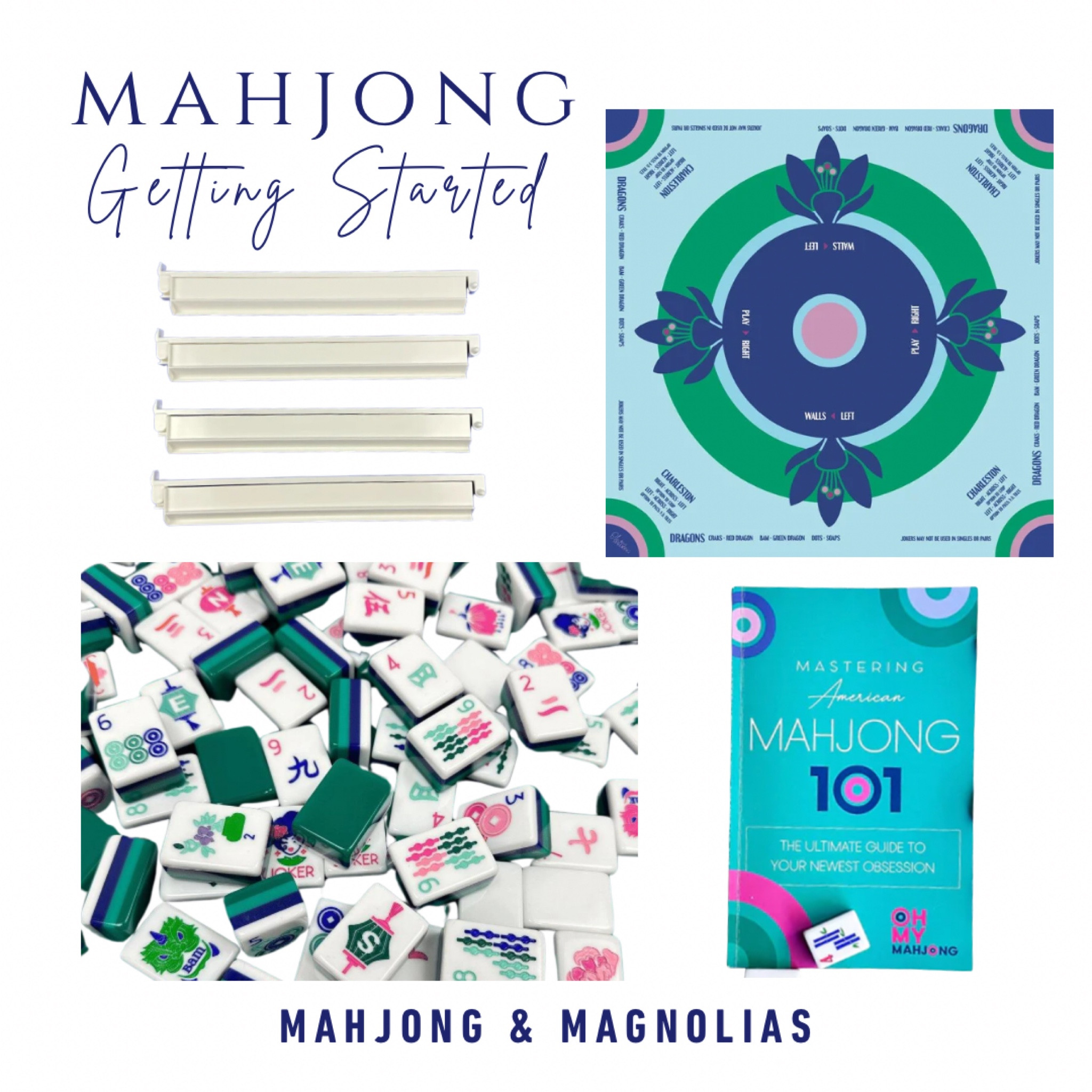 New to mahjong? Here’s what you need: An American mahjong tile set, 4 racks + pushers, a non-slip mat, a mahjong 101 book, 4 National Mah Jongg League playing cards (sold separately), and 3 friends! 

___

Mahjong, mah jongg, getting started with mahjong, how to play mahjong, mahjong and magnolias 