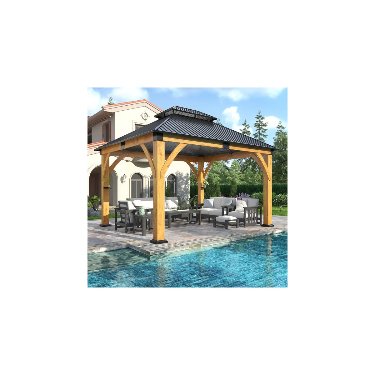 13 FT. W x 11 FT. D Outdoor Spruce Wood Gazebo with Galvanized Steel Double Roof | Wayfair North America