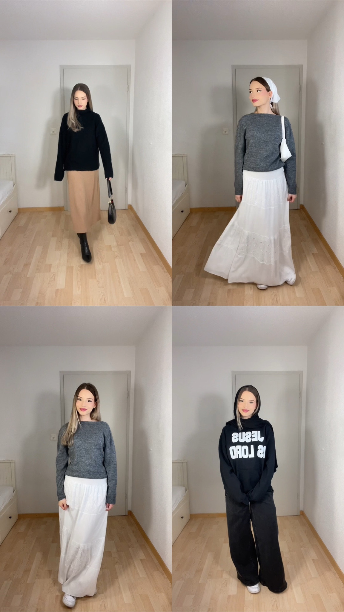 Elegant and modest church outfit inspiration featuring four versatile looks:
	1.	A black turtleneck paired with a beige maxi skirt and sleek black boots for a classic, minimal look.
	2.	A cozy gray sweater styled with a white flowy maxi skirt and a white shoulder bag, creating a soft and timeless combination.
	3.	Another take on the gray sweater with the same white skirt, styled simply for a graceful and effortless vibe.
	4.	A modest and modern look with a black oversized “Jesus is Lord” hoodie paired with relaxed black wide-leg trousers and white sneakers for a casual yet meaningful statement outfit.

#ModestOutfits #ChurchStyle #MinimalFashion #ModestFashionInspo #FeminineLooks #ElegantStyle #WinterOutfits #ClassicStyle #EffortlessFashion #LTKModest #LTKStylist #LTKClassics #LTKWinter