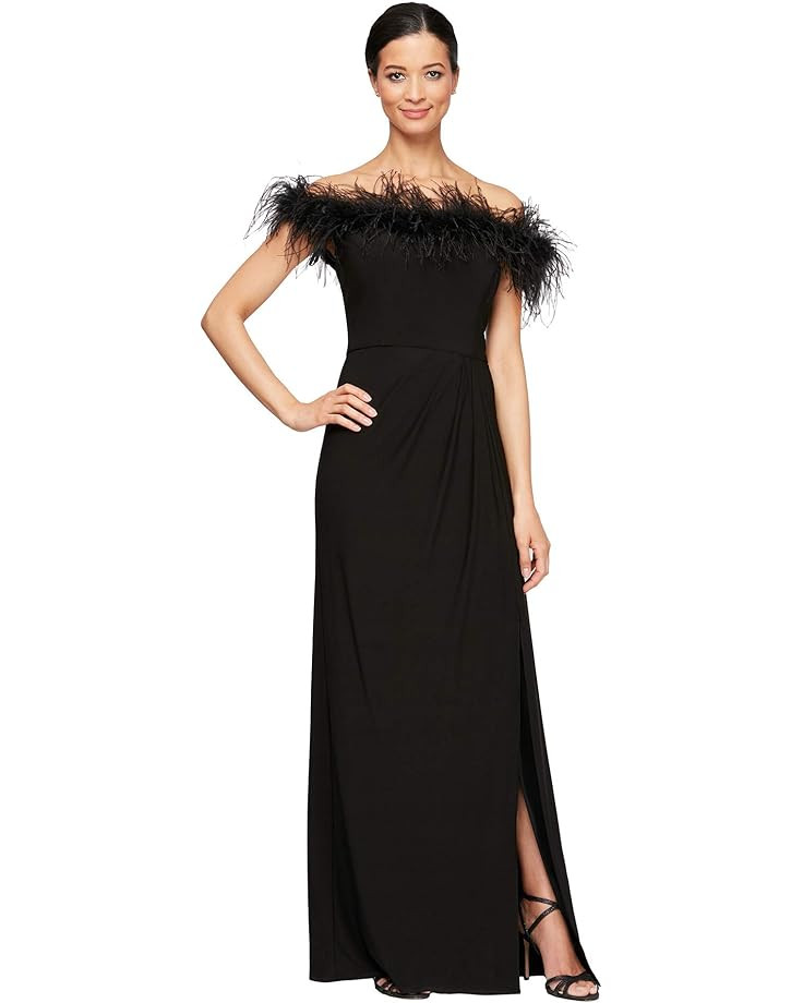 Long Off-the-Shoulder Gown w/ Maribou Detail | Zappos