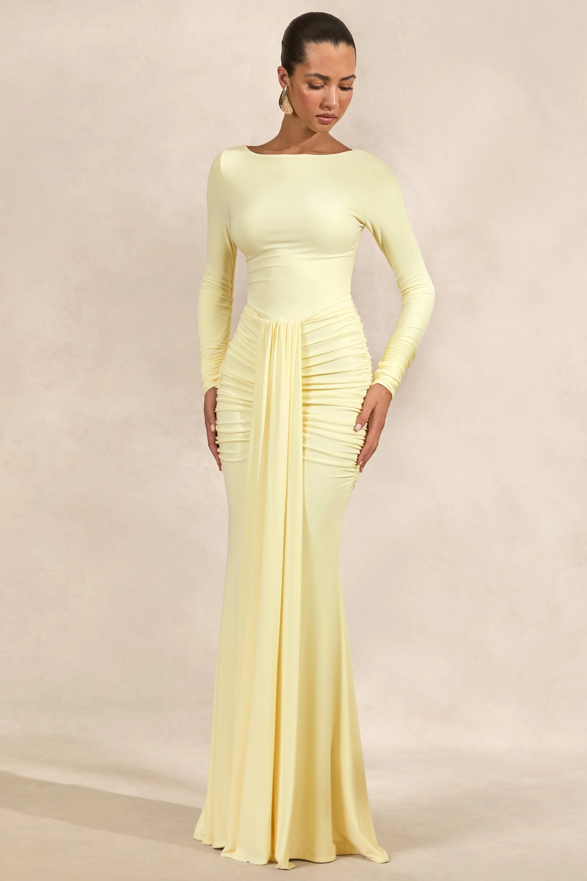 Liatris | Lemon Wide-Neck Maxi-Dress With Gathered-Detailing | Club L London