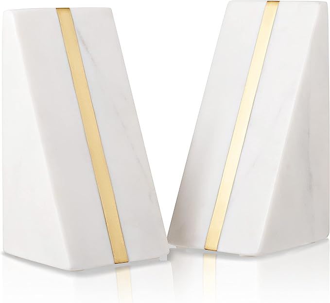 Warm Toast Designs - Marble Bookends White - 100% Polished Marble with Brass Inlay - Book Stopper... | Amazon (US)