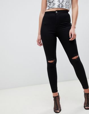 ASOS DESIGN Rivington high waisted jeggings with frayed knee rip detail in clean black | ASOS US