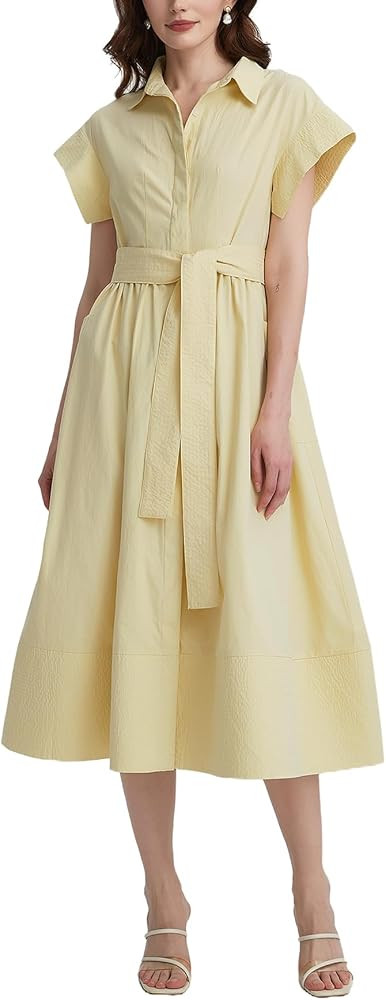 Women's Belted Shirt Midi Dress Casual Short Wing Sleeve Button Down Lapel V Neck Dress | Amazon (US)