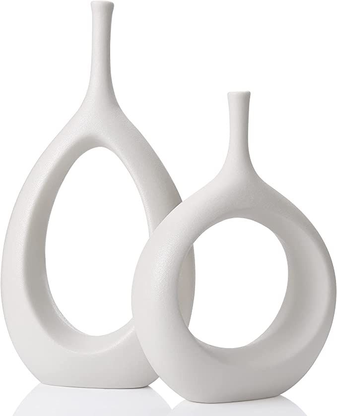 White Ceramic Hollow Vases Set of 2, Flower Vase for Decor, Modern Decorative Vase Centerpiece fo... | Amazon (US)
