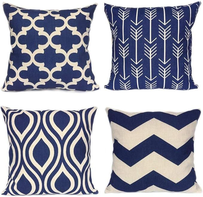 WEYON Geometric Throw Pillow Covers Navy Blue Home Deco Outdoor for Sofa Couch Cotton Linen 18 X ... | Amazon (US)