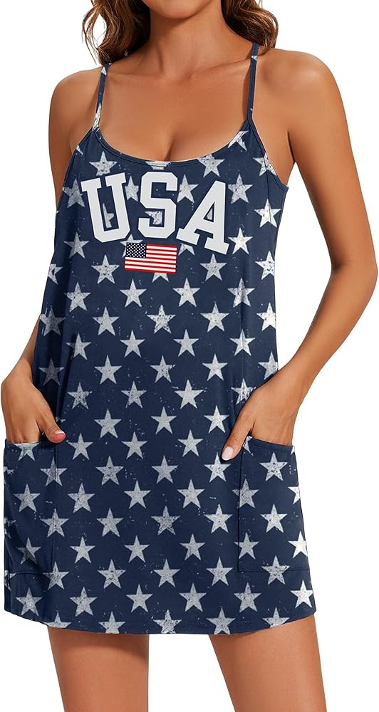 American Flag Mini Dress with Built-in Shorts Women 4th of July Patriotic Dresse | Amazon (US)