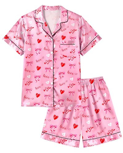 Sylfairy Girls Pajamas Silk Satin Valentines Pjs Set Short Sleeve Button Down Heart Sleepwear Loungewear Sets for Big Kids 2-Piece PJ Set Size 13-14 Pink Heart Bow | Amazon (US)