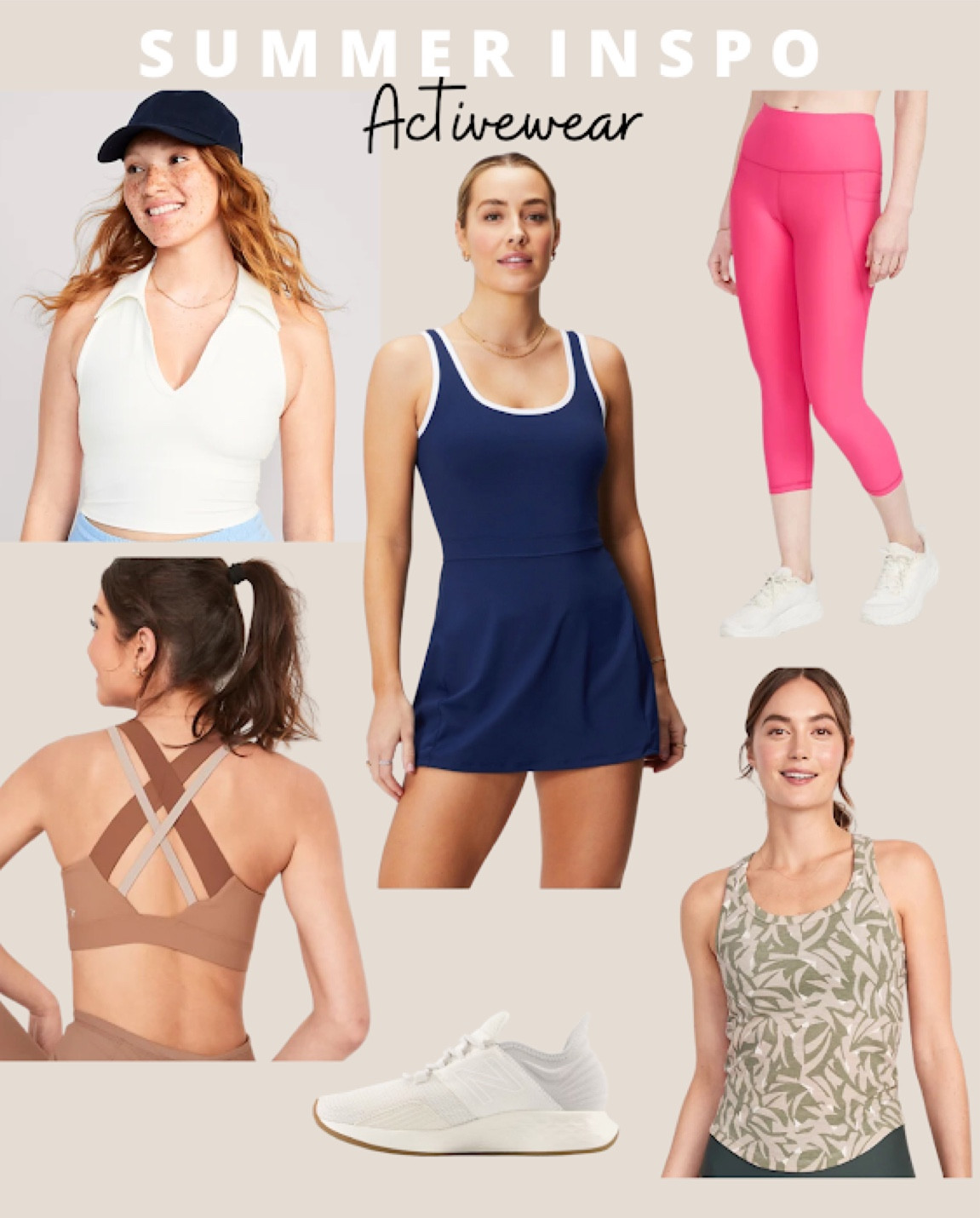 Workout clothes: collared polo halter crop, athletic dress with built in bra/shorts, barbie pink leggings, natural leaf tank, brown crisscross sports bra, white running shoes 

#LTKcurves #LTKshoecrush #LTKfit