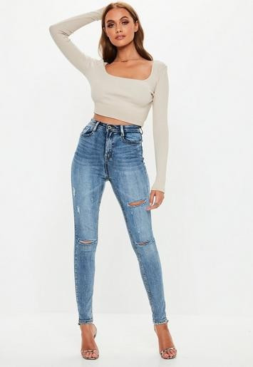 Blue Sinner Vintage Wash Distressed Knee High Waisted Skinny Jeans | Missguided (US & CA)