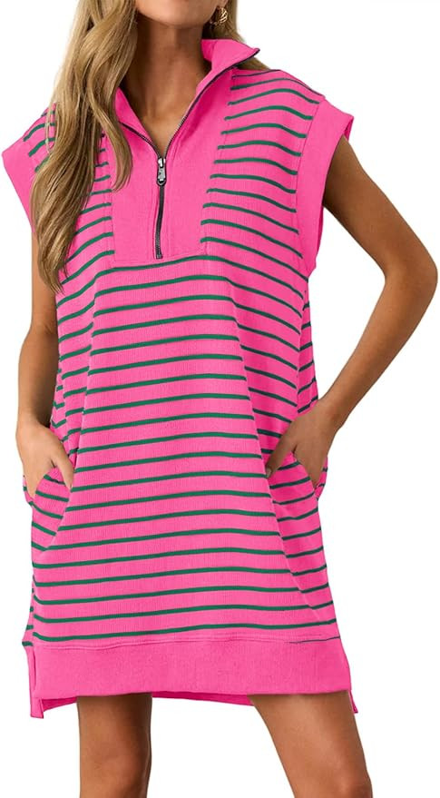 Wenrine Womens Striped Mini Dress Casual Zipper Cap Sleeve Collared V Neck Loose Knit Summer Dres... | Amazon (US)