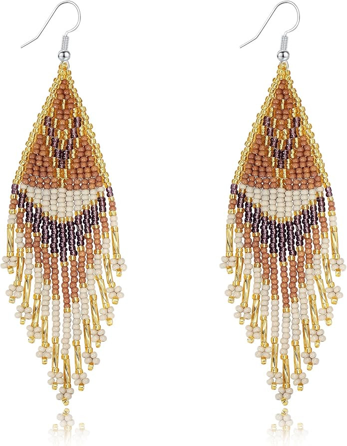 Bohemian Large Long Tassel Beaded Dangle Earrings Native Handmade Boho Statement Big Fringe for W... | Amazon (US)