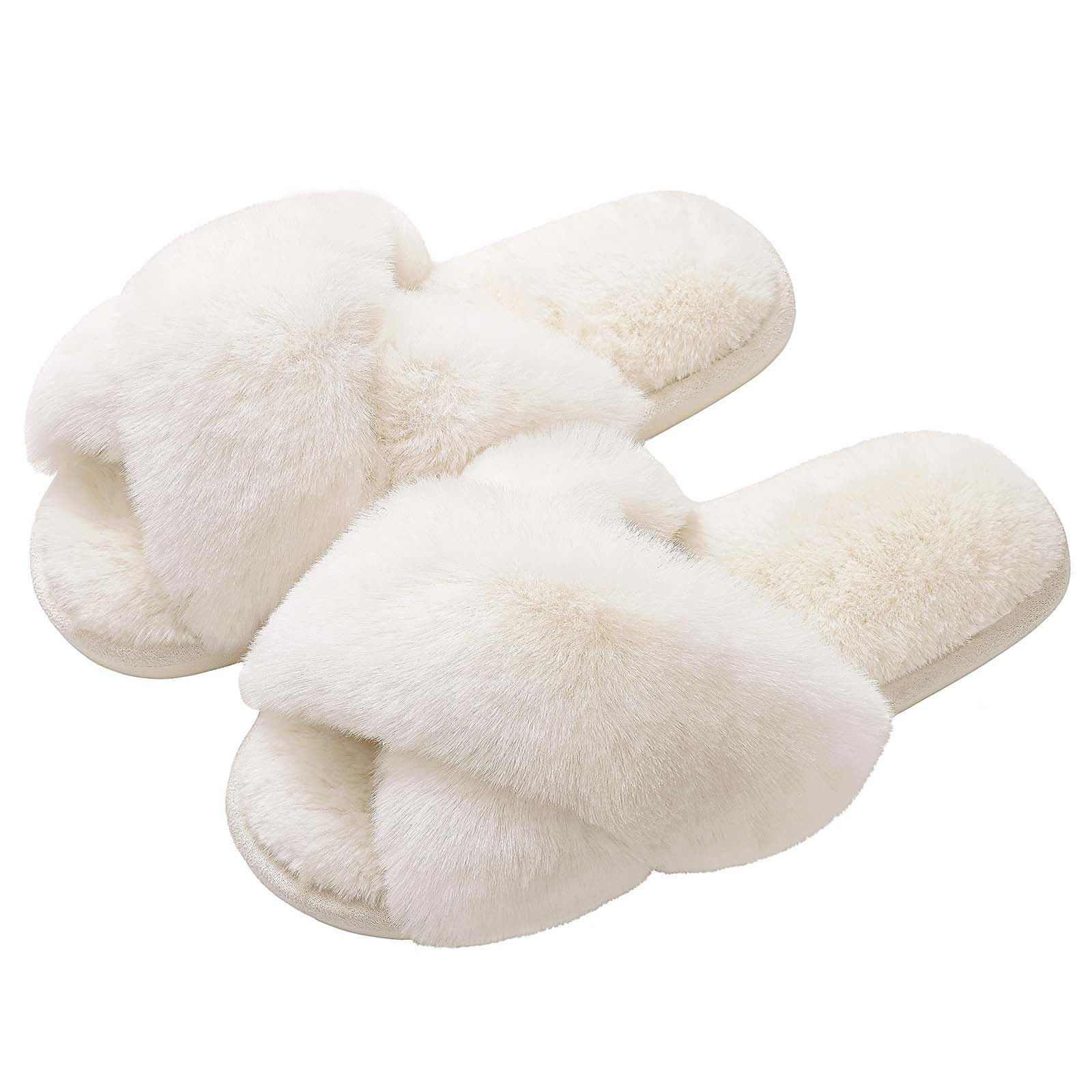 Litfun Women's Fuzzy Slippers Open Toe Cross Band Slippers Memory Foam House Slippers for Women, ... | Walmart (US)